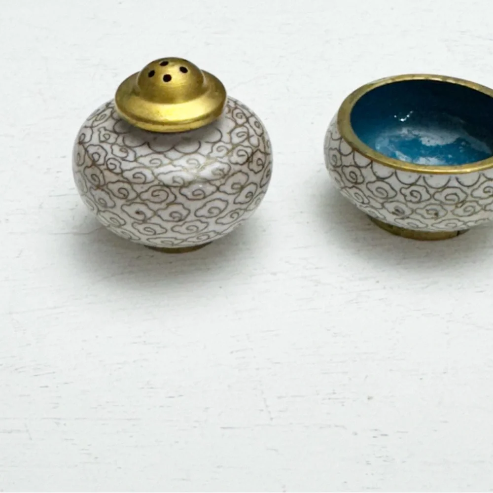 Blue Floral Cloisonné Salt and Pepper Shaker Cellar Vintage Stackable Brass